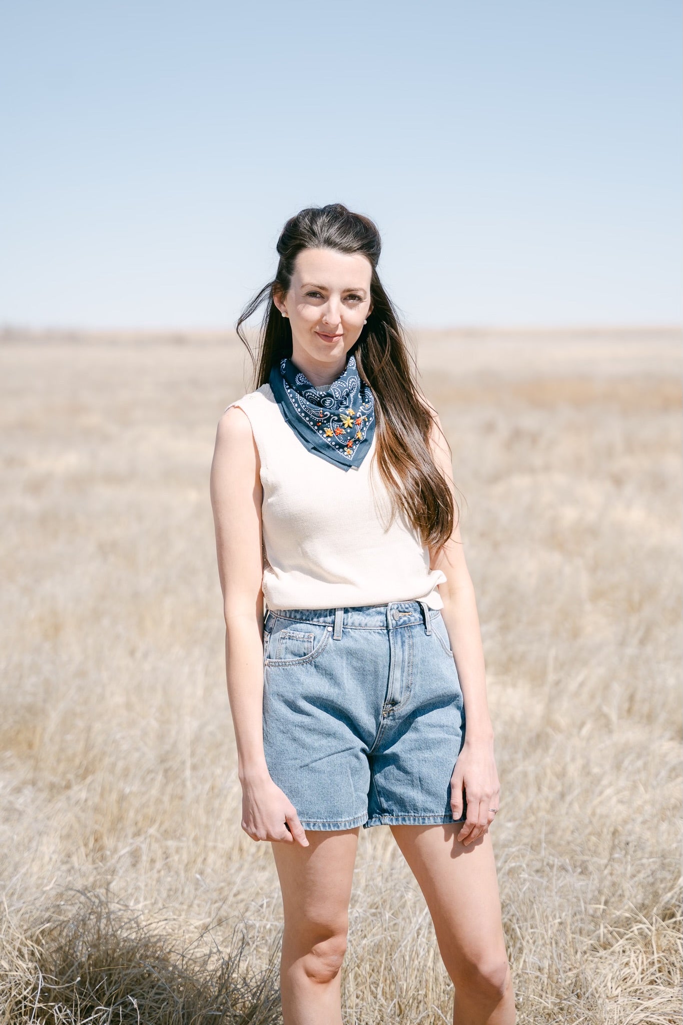 Embroidered Navy Bandana with Bright Flowers